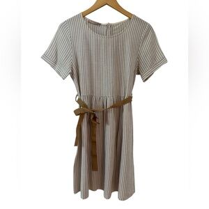 Floreiza Tan White Stripe Linen Blend Midi Dress Made in Italy  Size Medium